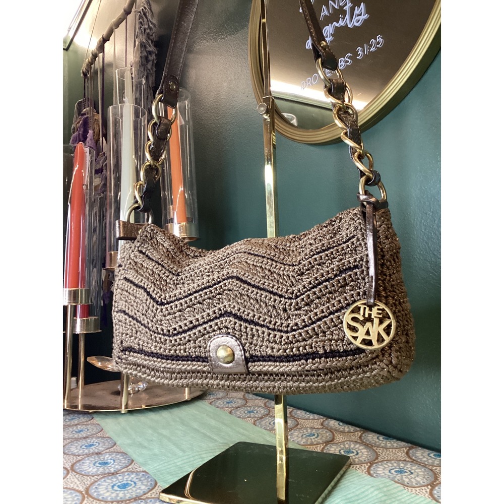 The Sak Metallic Bronze Crochet Chevron Shoulder Bag Gold Chain Baguette Purse